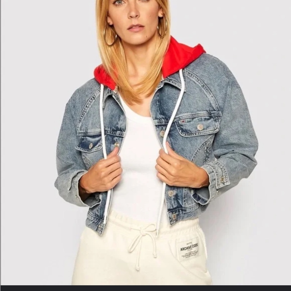 Tommy Hilfiger Jacket - medium blue wash denim jacket with red hood